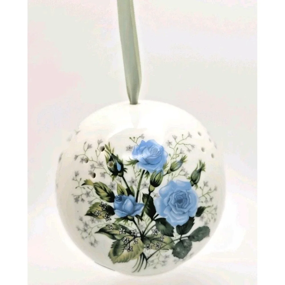Vtg 80s Japan Blue Rose Ceramic Pomander Hanging Floral Sachet Holder Romantic